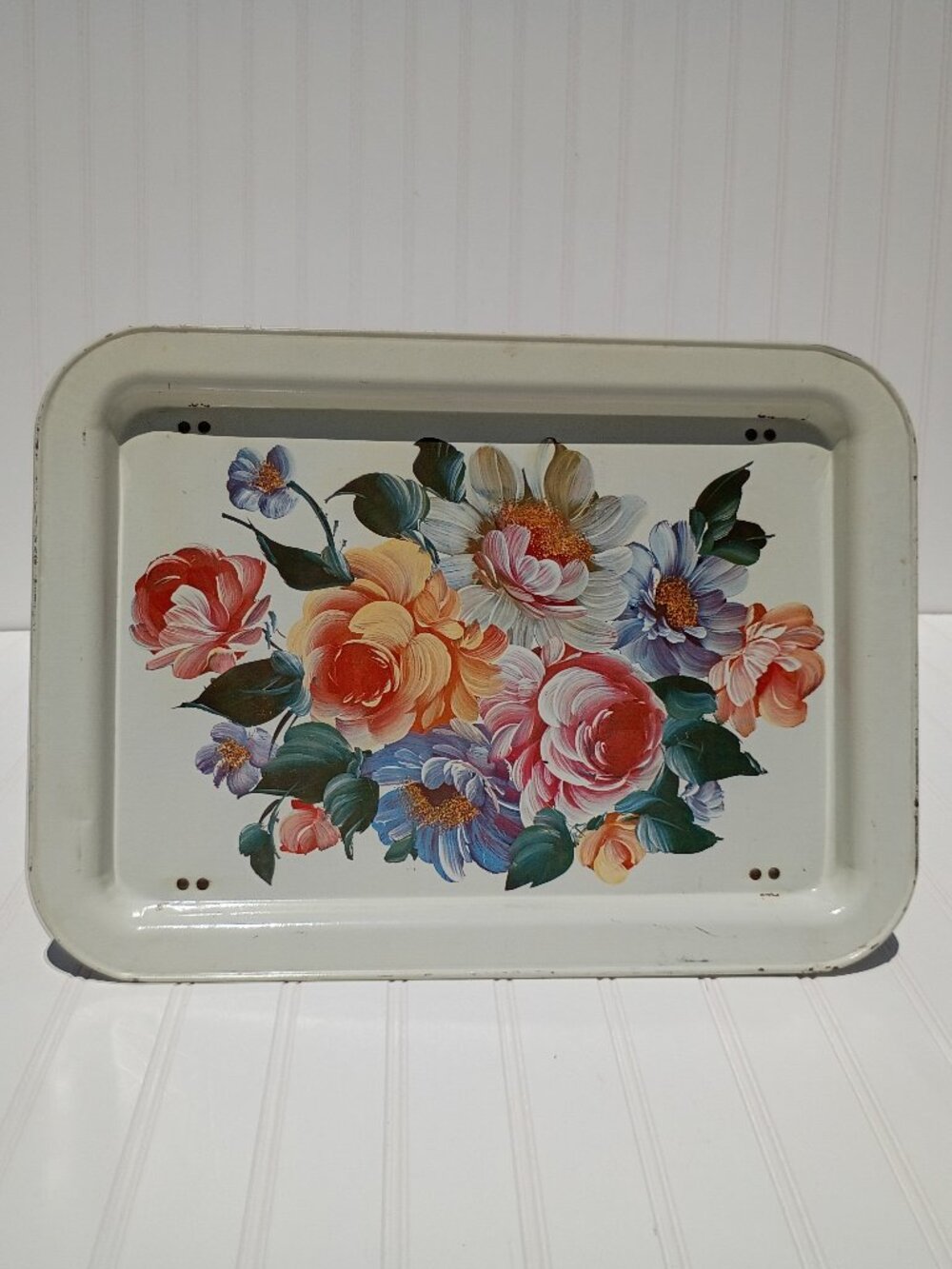 Vintage Metal Folding Bed TV Tray Lap Desk Floral Roses Cottagecore Toleware 17"